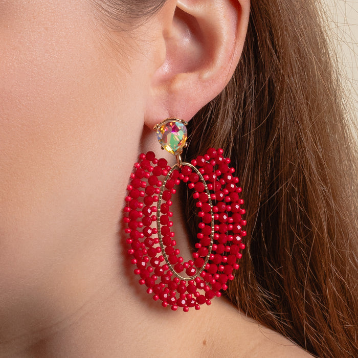 1375 - Beaded Drop Earrings - Red