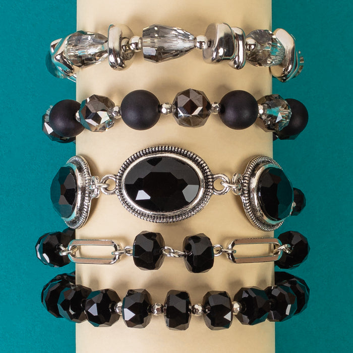 1442 - Crystal Stacked Bracelets - Black