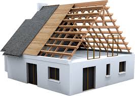 3D rendering of a house with an incomplete roof showing wooden trusses and partially installed roofing shingles
