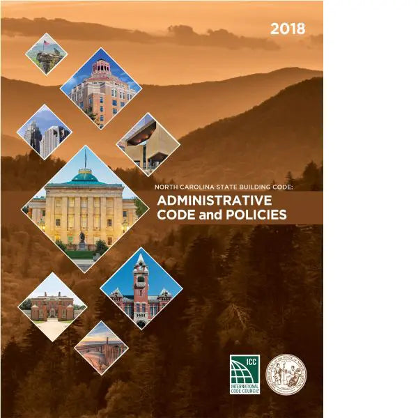 Cover of 2018 North Carolina State Building Code administrative code and policies book with government buildings and mountain background