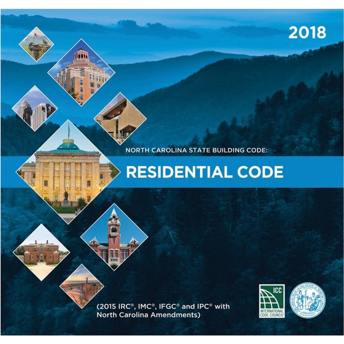 2018 North Carolina State Building Code Residential Code cover with state landmarks and mountain background design
