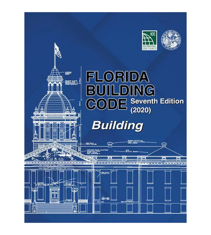 Cover of the 2020 Florida Building Code Building 7th Edition with architectural blueprint of a government building facade on blue background