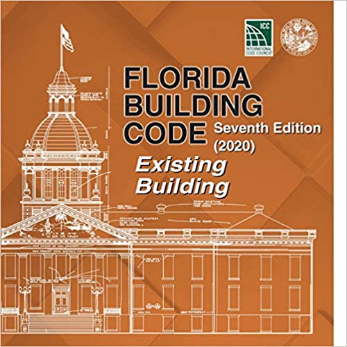 2020 Florida Building Code Existing Building seventh edition cover with architectural line drawing on orange background