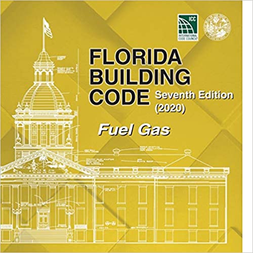 Cover of 2020 Florida Building Code Fuel Gas 7th edition with architectural line drawing on yellow background