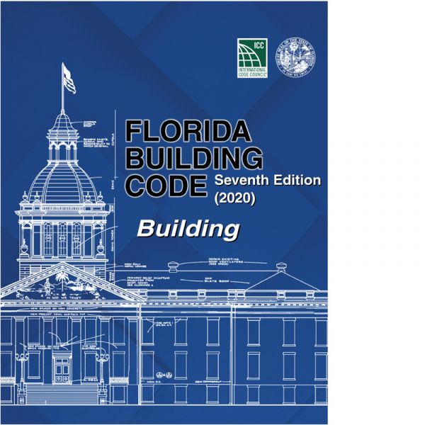 Blue cover of 2020 Florida Building Code Seventh Edition with architectural blueprint of government building