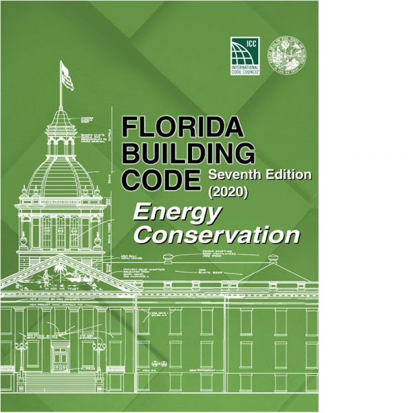 Green cover of 2020 Florida Building Code Energy Conservation Seventh Edition with architectural line drawing and ICC logo