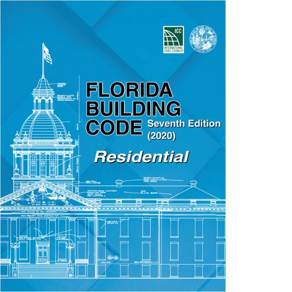 Blue cover of 2020 Florida Building Code Residential seventh edition with white architectural drawing and ICC logo