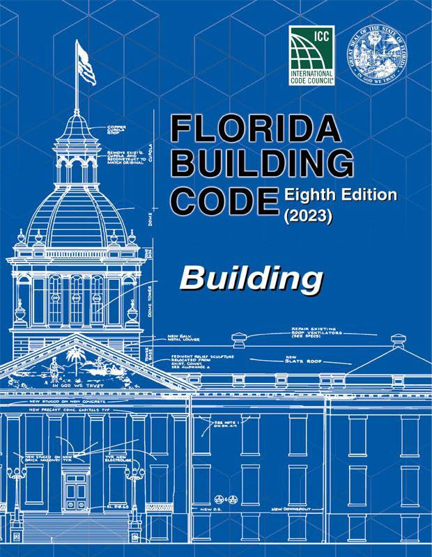 Cover of 2023 Florida Building Code Building 8th Edition showing architectural blueprint and official seals on blue background