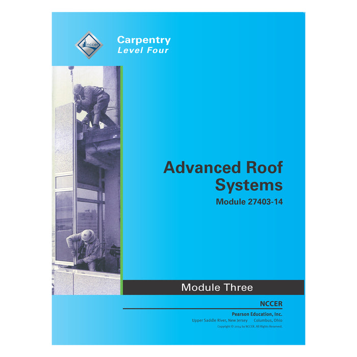Blue cover of Advanced Roof Systems Module 27403-14 with black text and images of construction workers roofing