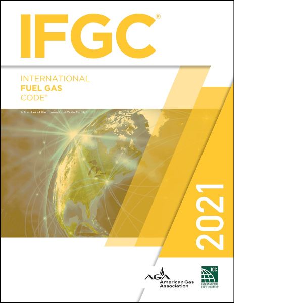 Cover of the 2021 International Fuel Gas Code book with yellow and white design featuring a globe image