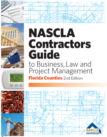 Cover of NASCLA Contractors Guide to Business, Law, and Project Management Florida Counties 2nd Edition with construction blueprint background