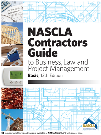 Cover of NASCLA Contractors Guide to Business Law and Project Management Basic 13th Edition with construction images and blueprint background