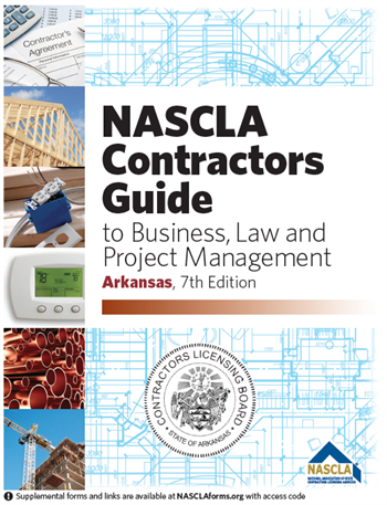 Cover of NASCLA Contractors Guide to Business, Law and Project Management Arkansas 7th Edition with construction and blueprint elements