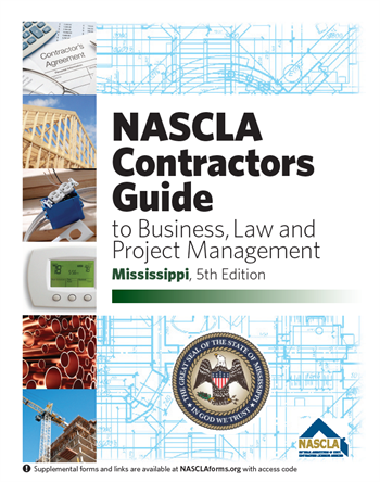 Cover of NASCLA Contractors Guide to Business, Law and Project Management Mississippi 5th Edition with construction and legal graphics