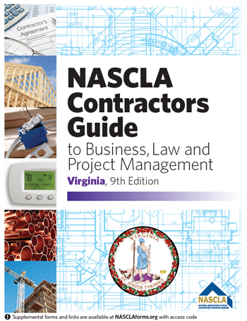 Cover of NASCLA Contractors Guide to Business, Law, and Project Management Virginia 9th Edition with state seal and construction blueprints