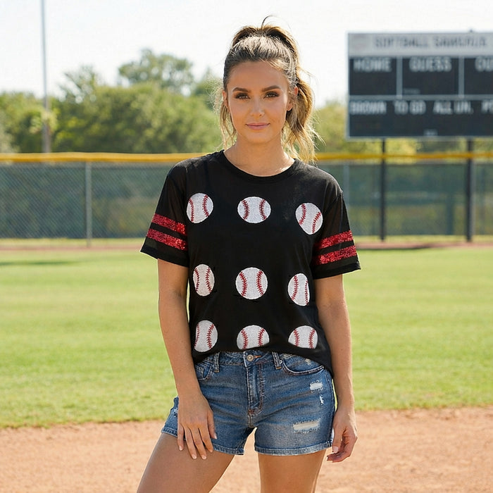 50233 – Sequin Baseball Short Sleeve Varsity Top