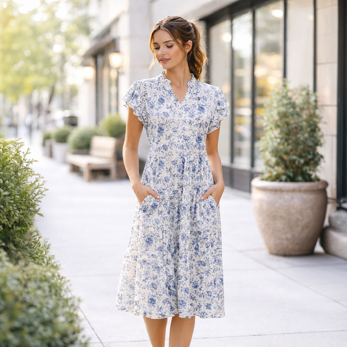 50272 – Tan & Blue Floral Tiered Midi Dress with Pockets