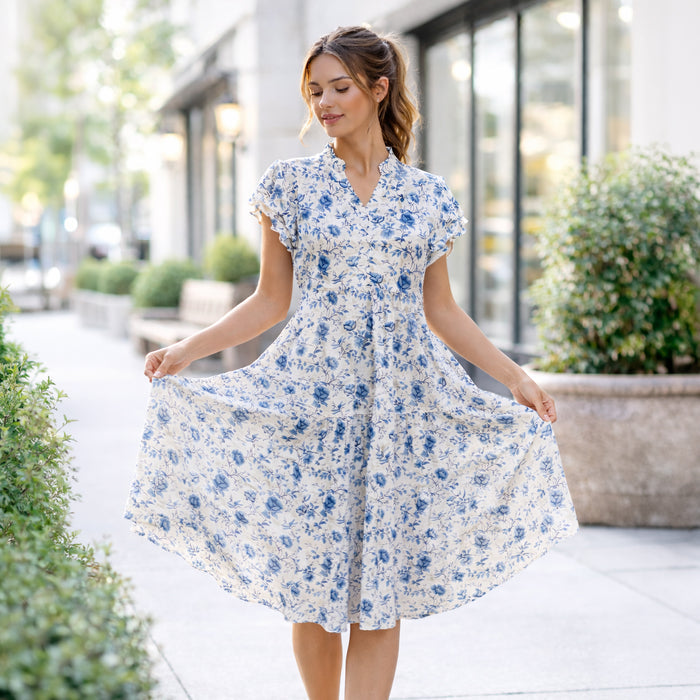 50272 – Tan & Blue Floral Tiered Midi Dress with Pockets