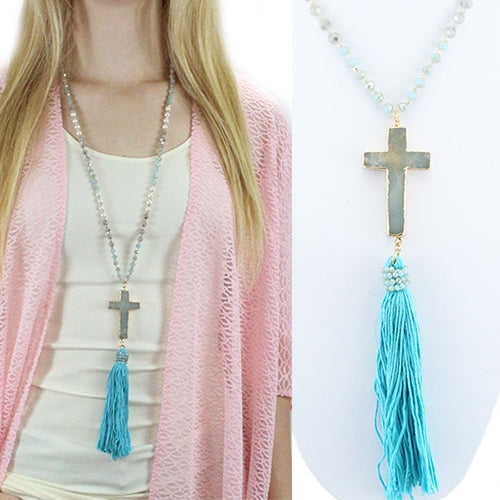 72105 - Cross  Natural Stone And Tassel Necklace