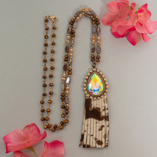 72782 - Animal Print Tassel Necklace - Cow