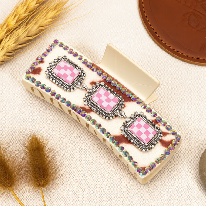 79069 - Checkered Claw Clip - Pink & White
