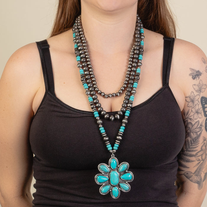92215 - Layered Squash Blossom Necklace - Turquoise & Silver