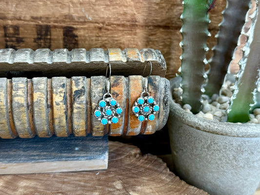 Sterling silver turquoise cluster drop earrings, round blue stones on silver hoops