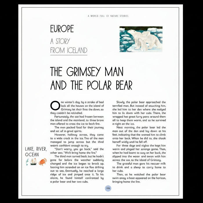Page from a book with the story, 'The Grimsey Man and the Polar Bear' on a white background