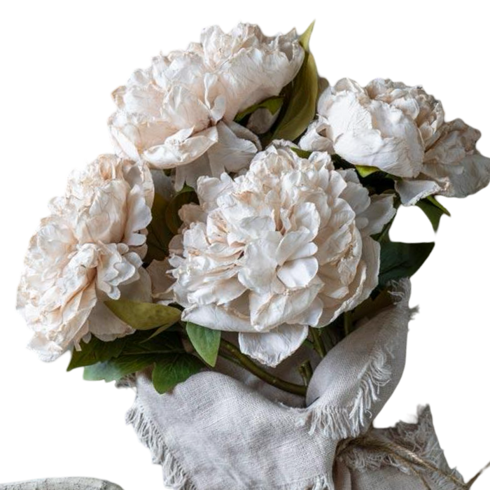 Bouquet of white flowers with green leaves on a white background