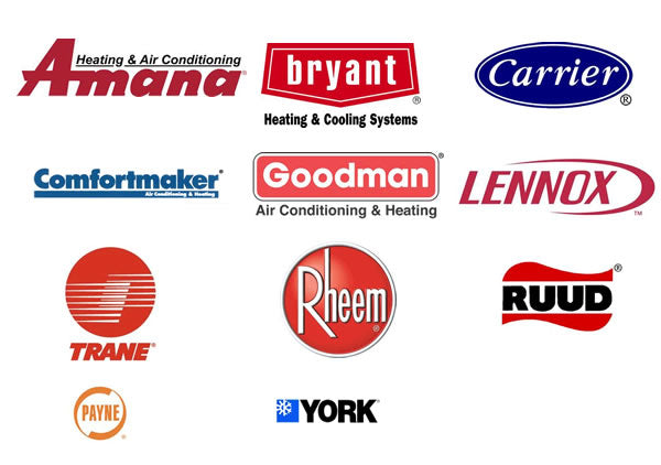 Logos of HVAC brands including Amana, Bryant, Carrier, Comfortmaker, Goodman, Lennox, Trane, Rheem, Ruud, Payne, and York