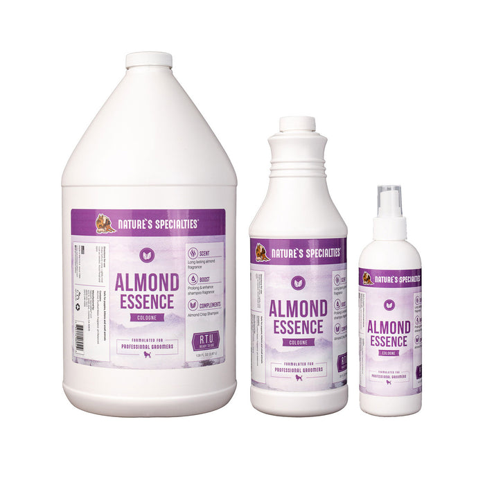 Three different size bottles of Nature's Specialties Almond Essence Cologne cat and dog cologne scents.