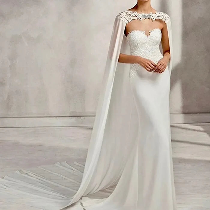 Chiffon Cape Veil with Lace & Crystal Clasp - Cathedral Length Ivory