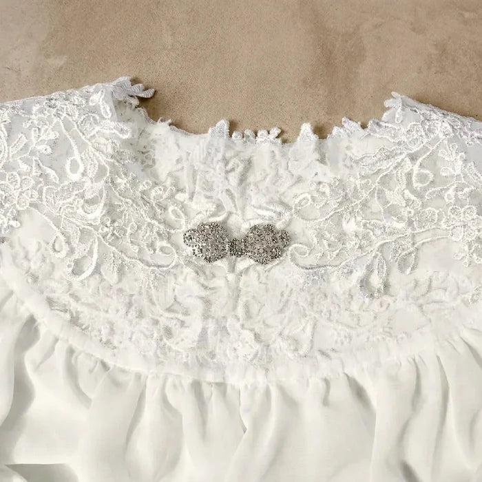 Chiffon Cape Veil with Lace & Crystal Clasp - Cathedral Length Ivory