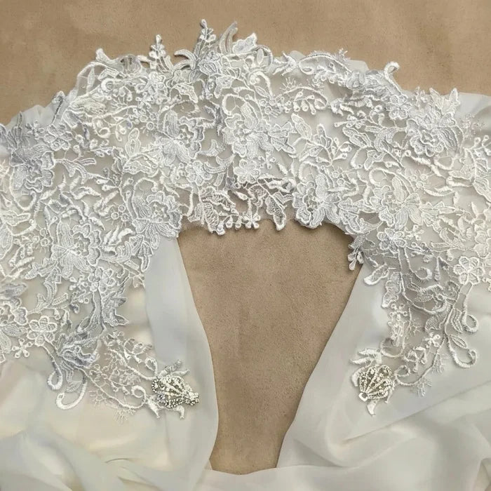 Chiffon Cape Veil with Lace & Crystal Clasp - Cathedral Length Ivory