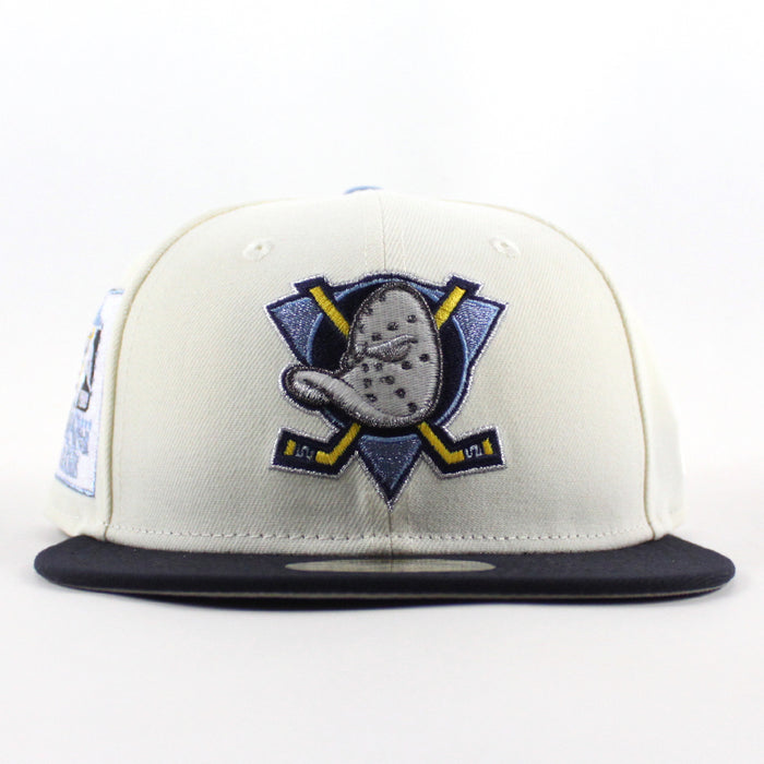 Anaheim Ducks 25 Years New Era 59Fifty Fitted Hat (Chrome White Navy Gray Under brim)