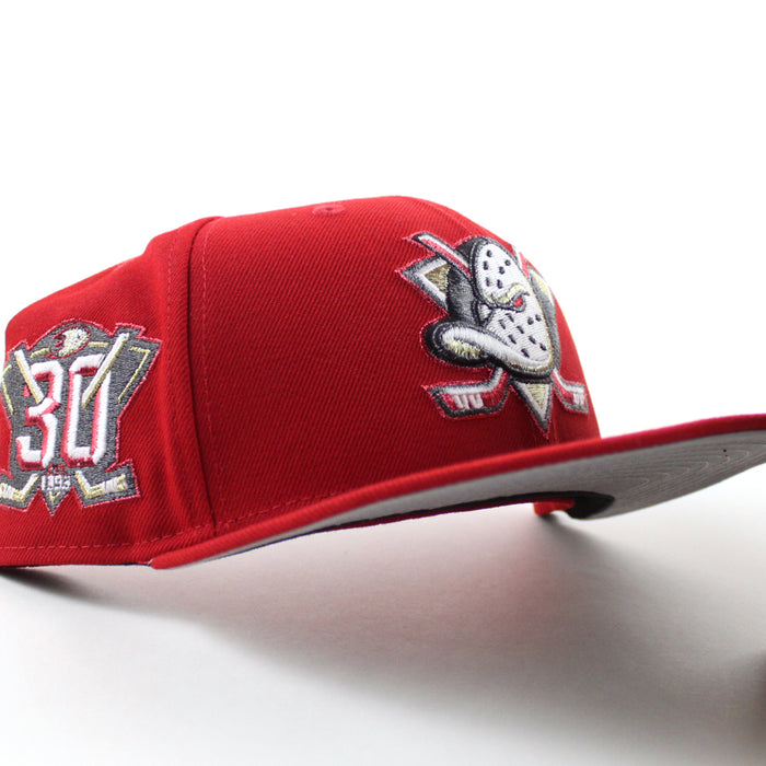 Anaheim Ducks 30th Anniversary New Era 59Fifty Fitted Hat (Scarlet Red Gray Under brim)