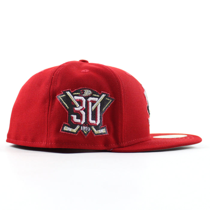 Anaheim Ducks 30th Anniversary New Era 59Fifty Fitted Hat (Scarlet Red Gray Under brim)