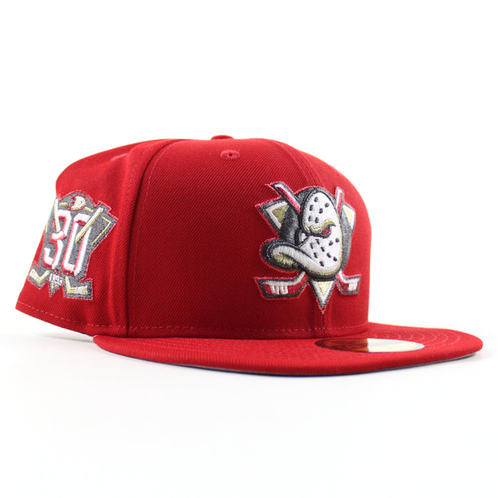 Anaheim Ducks 30th Anniversary New Era 59Fifty Fitted Hat (Scarlet Red Gray Under brim)