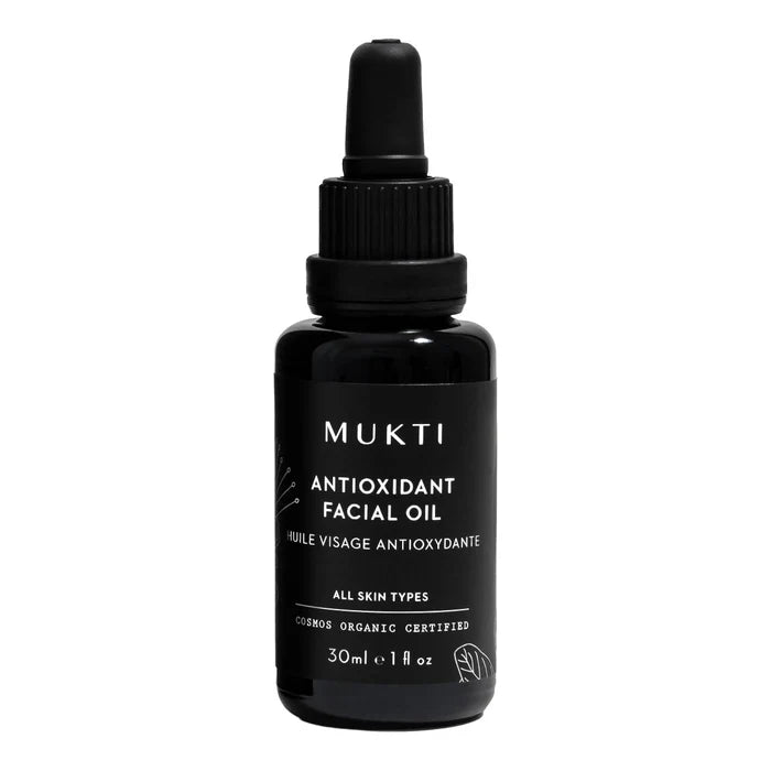 MUKTI Antioxidant Facial Oil in a black dropper bottle. Suitable for all skin types.
