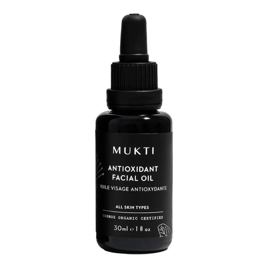 MUKTI Antioxidant Facial Oil in a black dropper bottle. Suitable for all skin types.