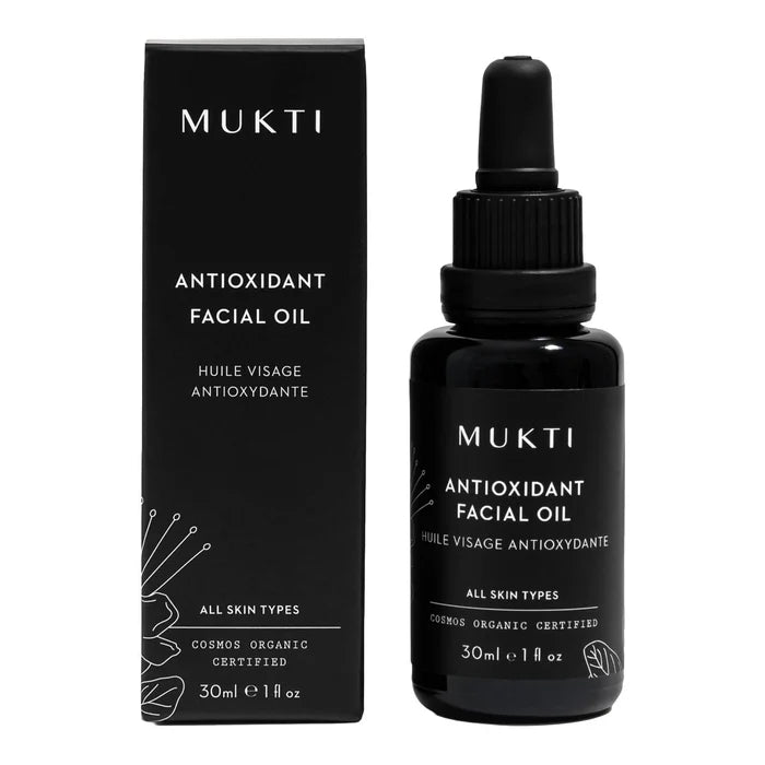 MUKTI Antioxidant Facial Oil 30ml dropper bottle pictured on a white background next to packaging.