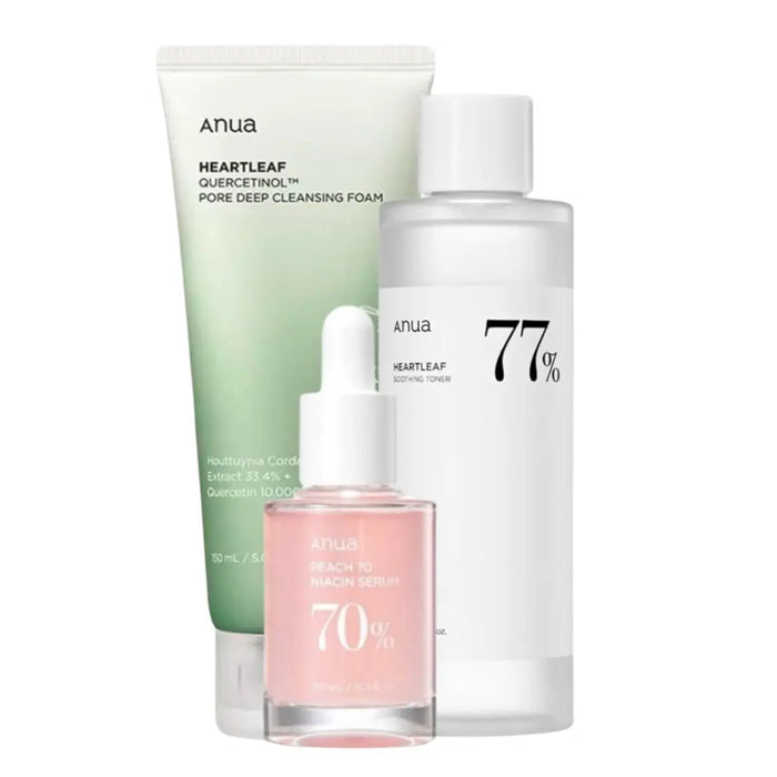 ANUA Quercetinol Pore Deep Cleansing Foam, Heartleaf 77% Soothing Toner & 70% Niacinamide Serum Set - DOKAN
