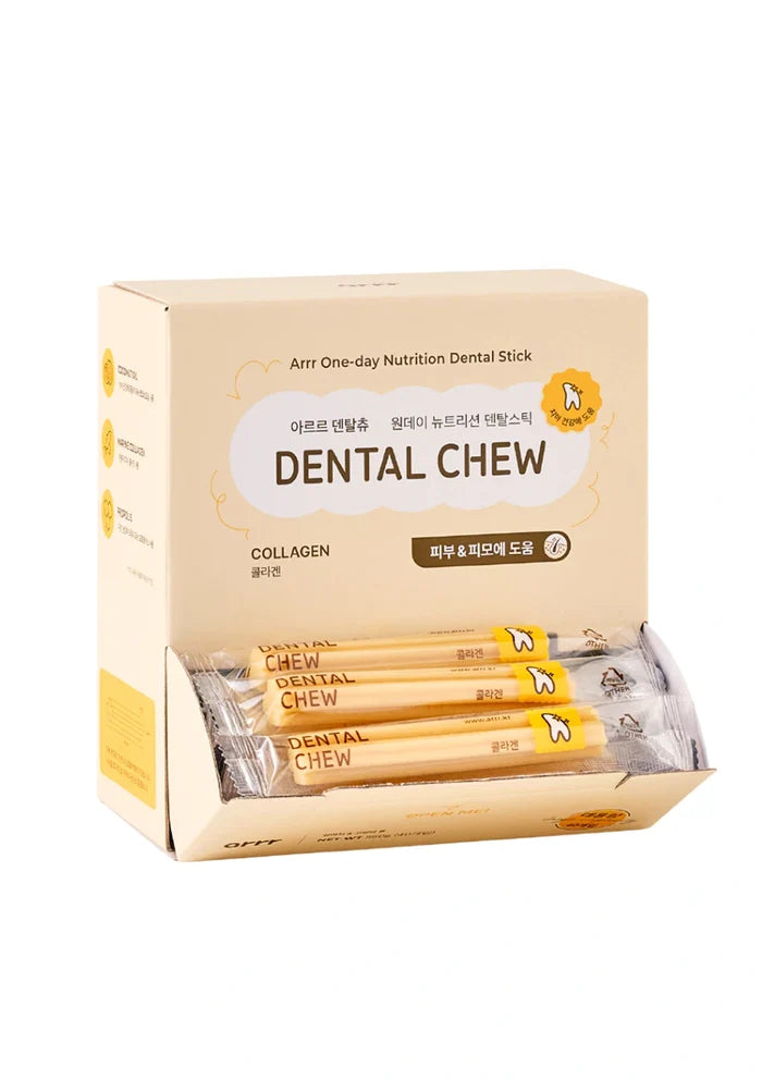 Box of dental chews for pets with visible packaging on a white background