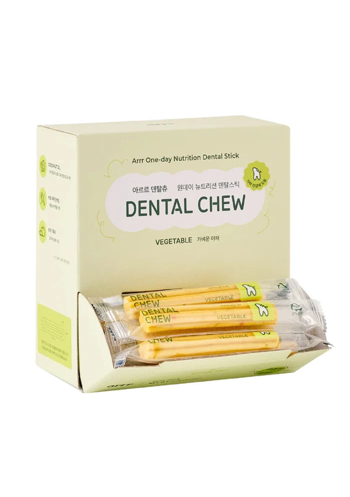 Packaging of dental chew sticks with a white background