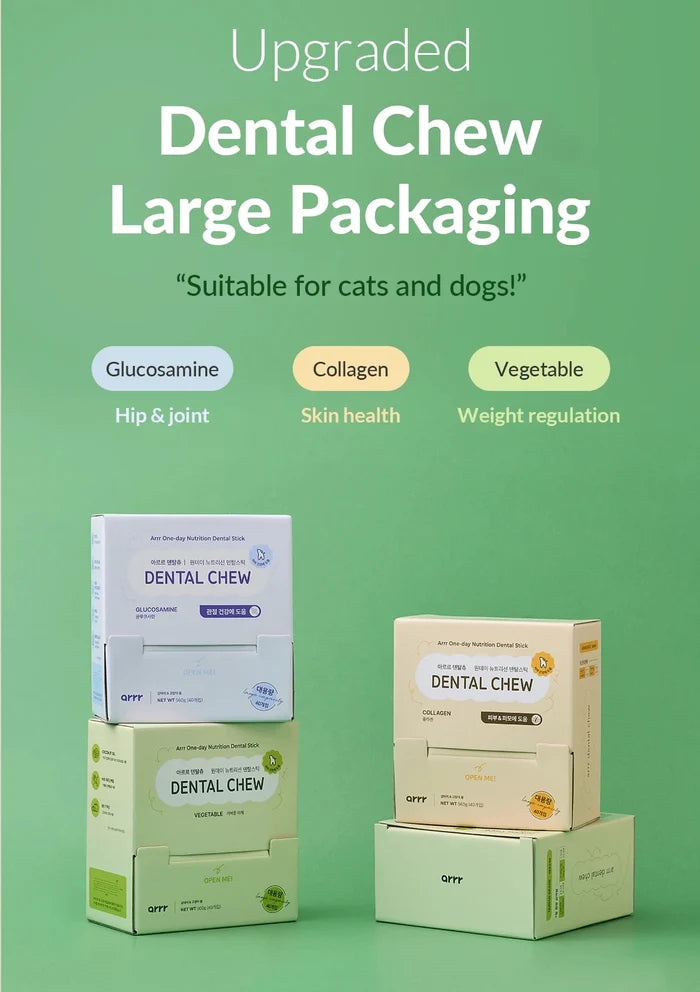 Dental chew packaging with text on a green background