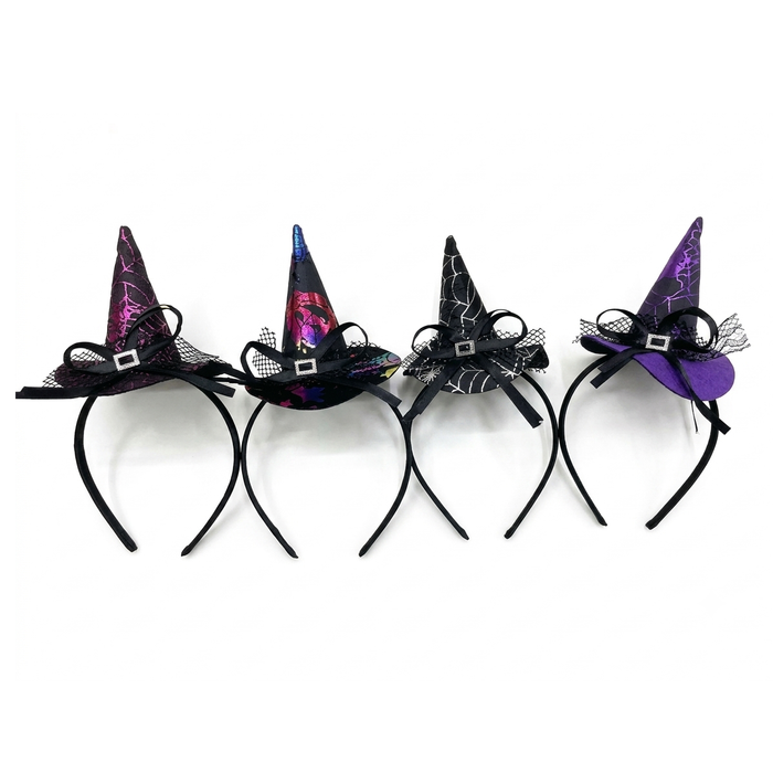 Four black witch hat headbands with purple and black glittery, lace, and spiderweb details, arranged in a row on a white background.