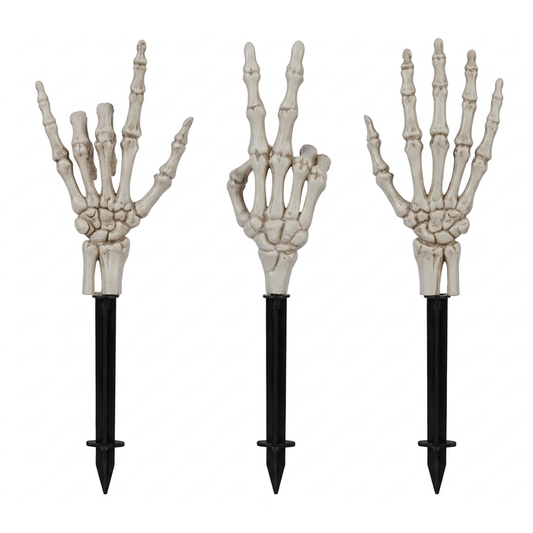 Three plastic skeleton hand garden stakes shown against a plain white background.