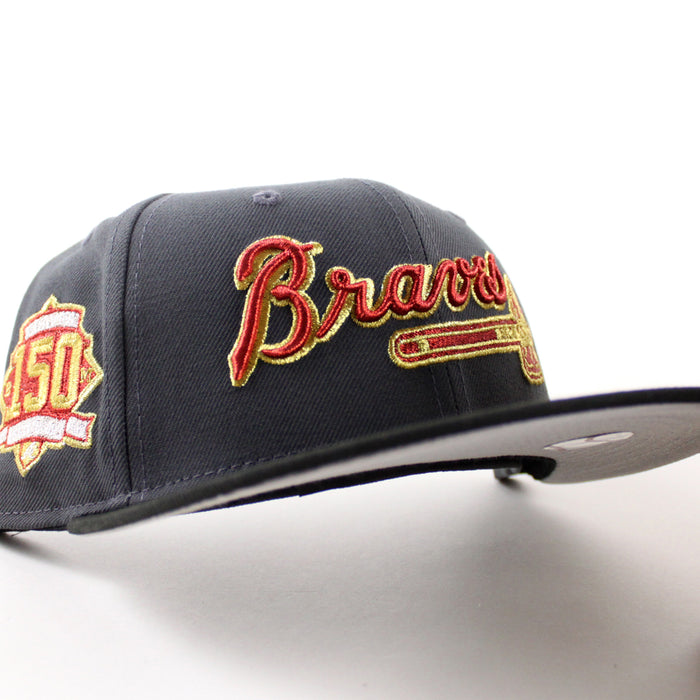 Atlanta Braves 150 Years New Era 59Fifty Fitted Hat (Dark Graphite Black Gray Under Brim)