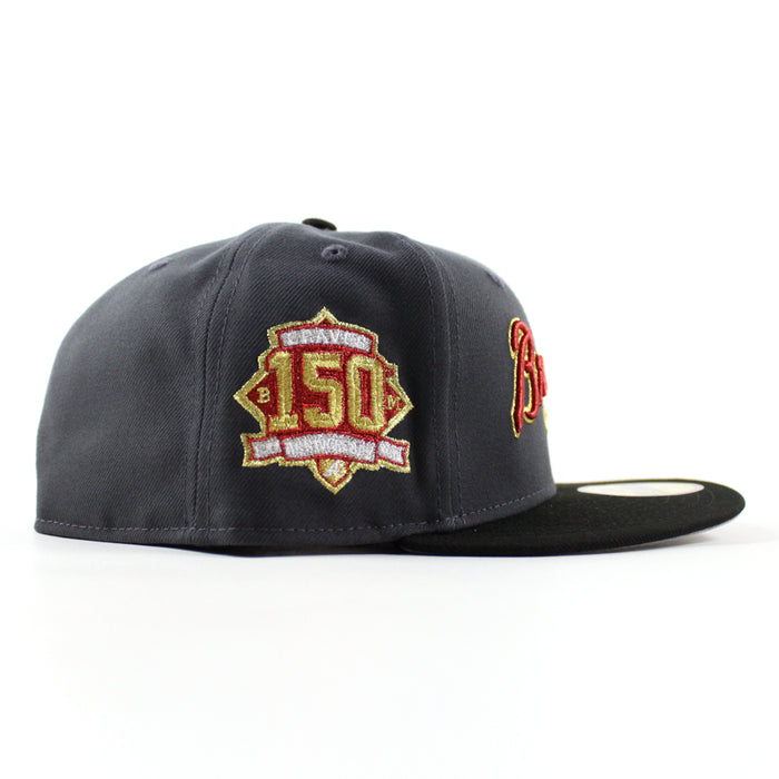 Atlanta Braves 150 Years New Era 59Fifty Fitted Hat (Dark Graphite Black Gray Under Brim)