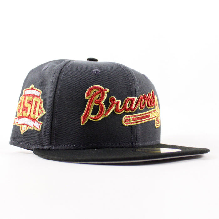 Atlanta Braves 150 Years New Era 59Fifty Fitted Hat (Dark Graphite Black Gray Under Brim)